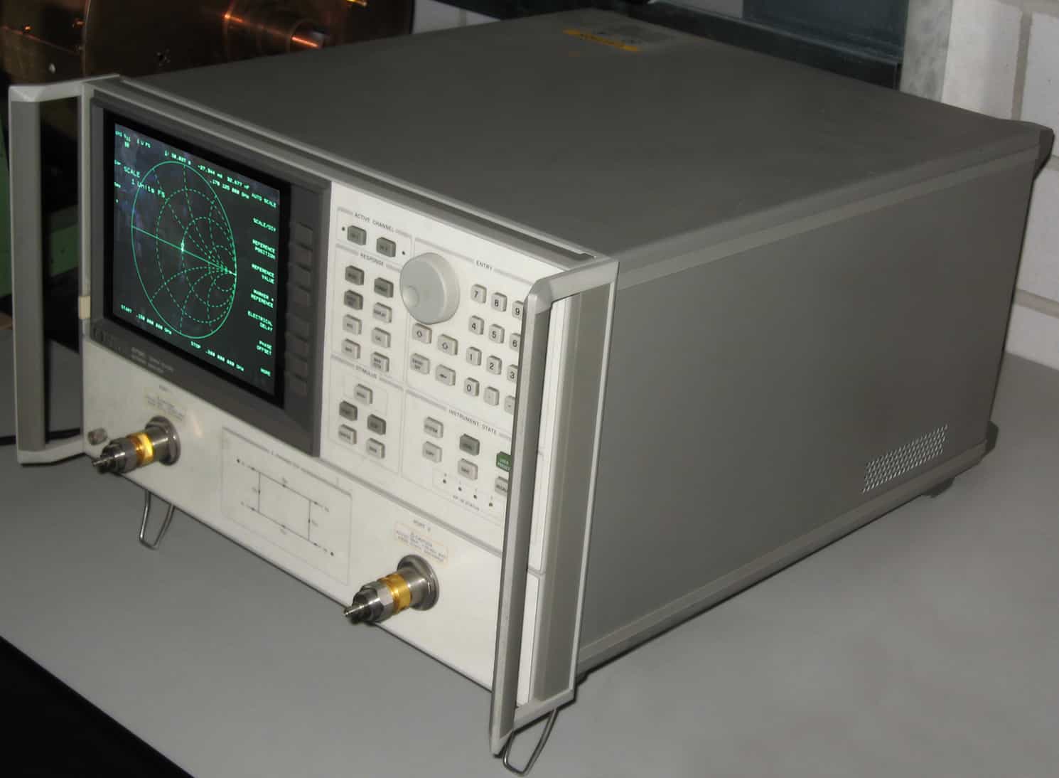 Vector network analyzer displaying a Smith chart used to characterize RF devices