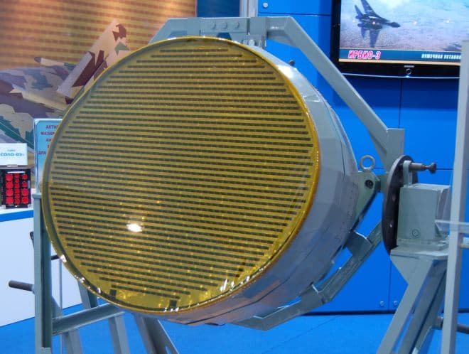 Close-up photo of an AESA radar face with many radiator elements