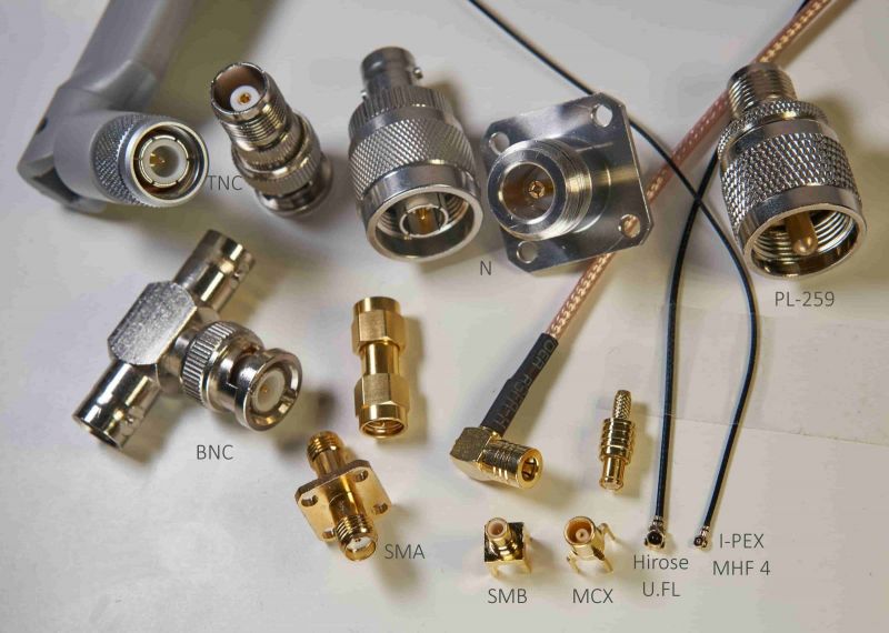 Assortment of RF coaxial connectors commonly used with circulators and microwave components