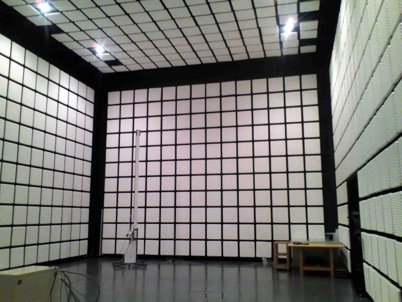 RF anechoic chamber with absorber panels used for EMC/RF measurements and antenna characterization.