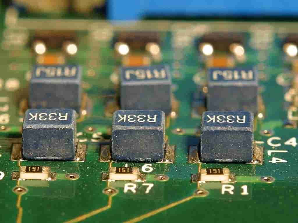 Close-up of compact components on a printed circuit board