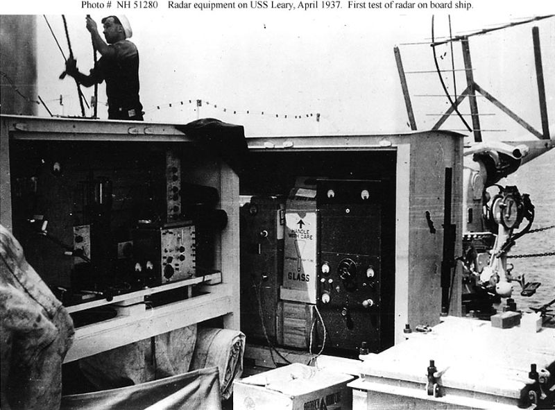 US Navy WWII shipboard radar crew operating early microwave equipment