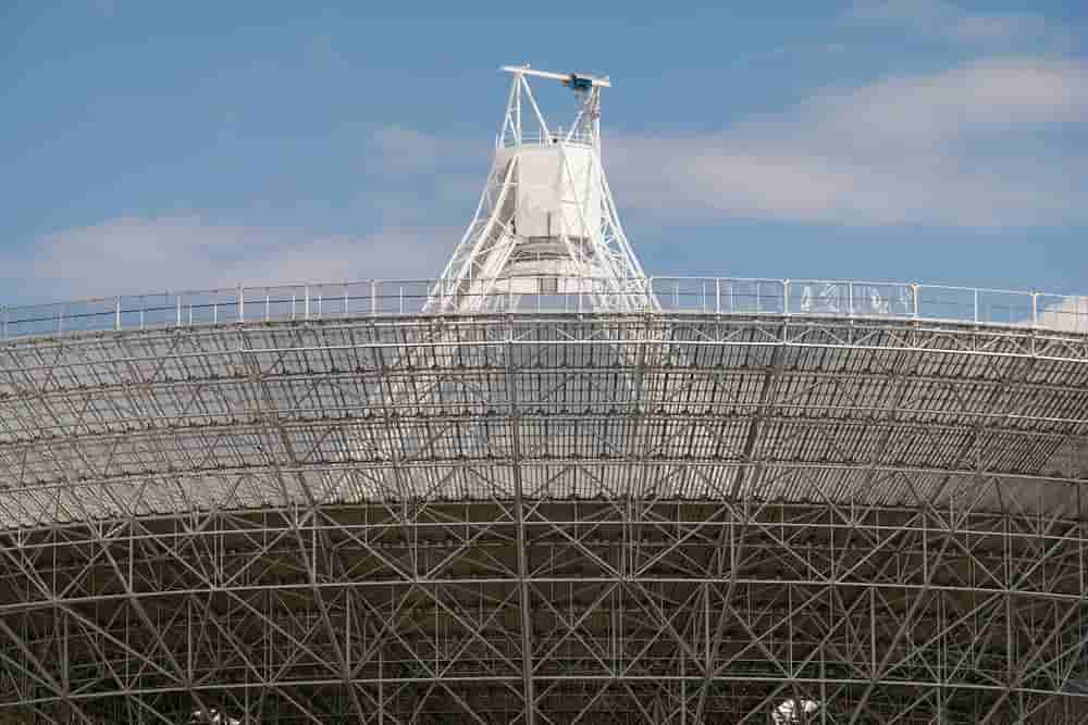 Close-up view of the Effelsberg radio telescope dish structure used for high sensitivity radio astronomy