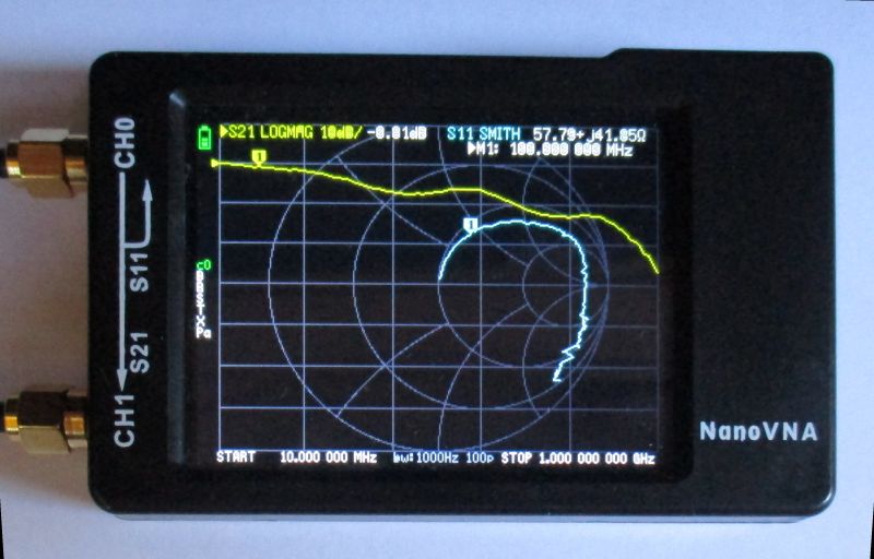 NanoVNA screen with S11 Smith chart and S21 magnitude trace