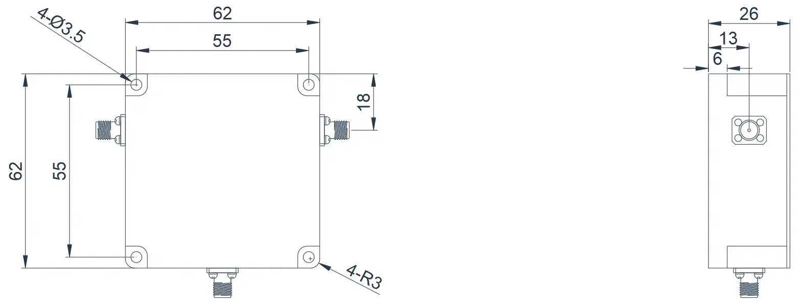 0.2~0.6GHz Tipik Koaksiyel Sirkülatör Görünümü
